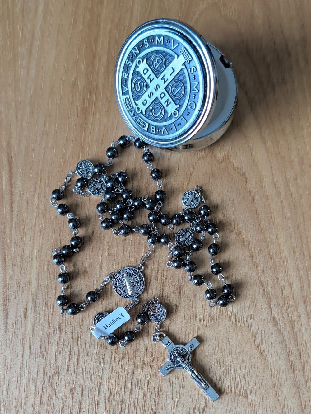 St. Benedict Hematite Bead Rosary Necklace - Silver and Black